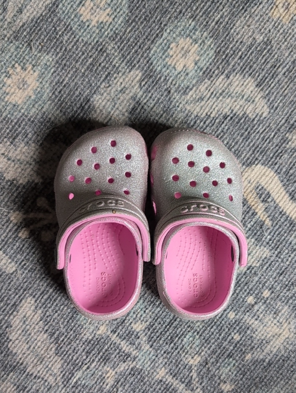 CROCS Kids' Silver Sparkle Glitter Clogs with Pink Lining